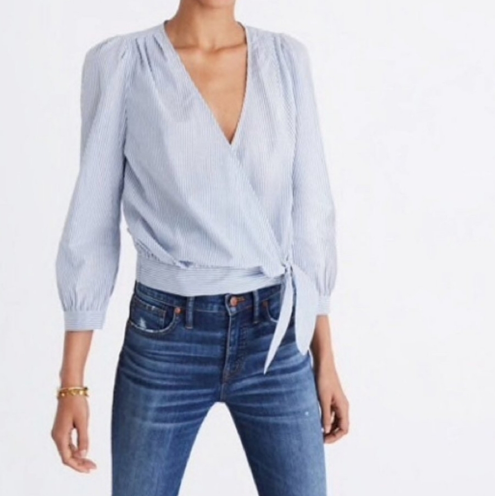 Madewell Blue and White Striped Side Tie Blouse